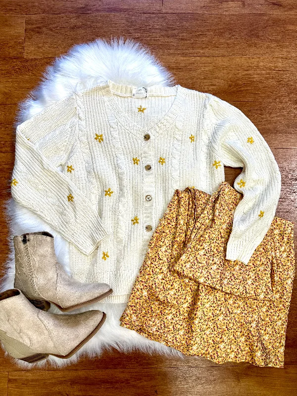 Ivory with Yellow Floral Embroidery Cardigan | Boutique Elise | Sunny