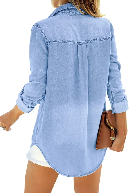 Women's Long Sleeve Collared Shirt Button Down Denim Blouse Tops