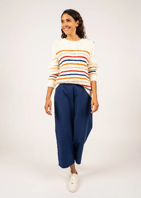 LOCMARIA - Striped Purl Knit Cotton Sweater with Shoulder Buttons (IVORY / ORANGE / ROYAL BLUE / RED / OATMEAL)