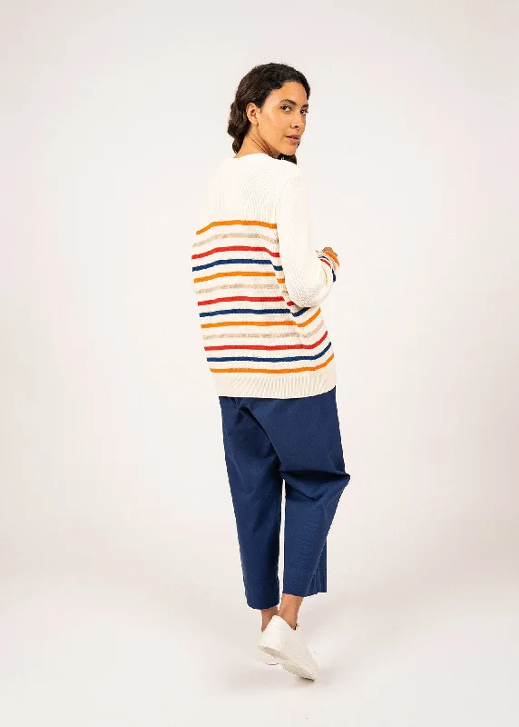 LOCMARIA - Striped Purl Knit Cotton Sweater with Shoulder Buttons (IVORY / ORANGE / ROYAL BLUE / RED / OATMEAL)