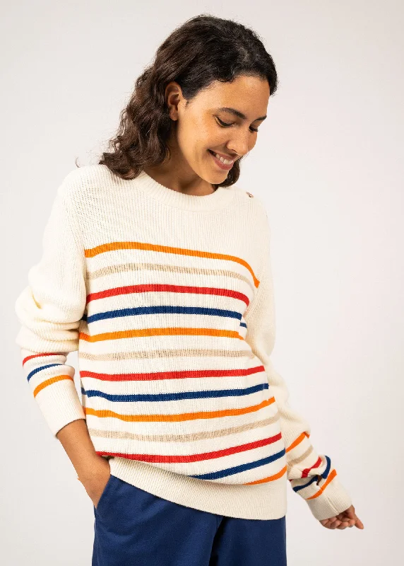 LOCMARIA - Striped Purl Knit Cotton Sweater with Shoulder Buttons (IVORY / ORANGE / ROYAL BLUE / RED / OATMEAL)