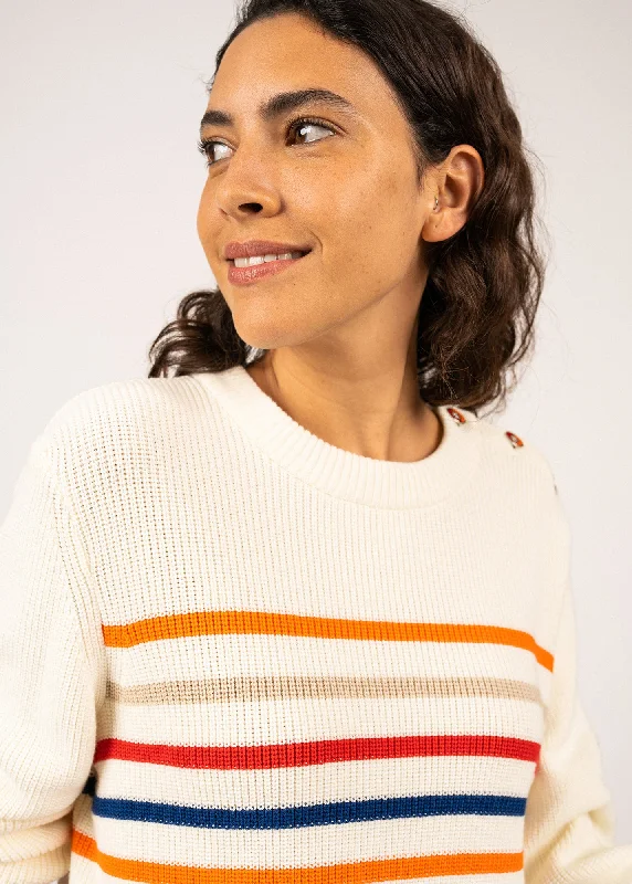 LOCMARIA - Striped Purl Knit Cotton Sweater with Shoulder Buttons (IVORY / ORANGE / ROYAL BLUE / RED / OATMEAL)