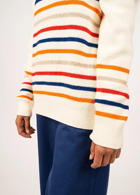 LOCMARIA - Striped Purl Knit Cotton Sweater with Shoulder Buttons (IVORY / ORANGE / ROYAL BLUE / RED / OATMEAL)