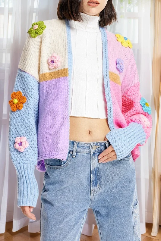 Multicolour Cute Flower Colorblock Knit Cardigan