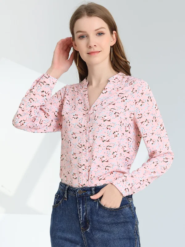 Chiffon Floral Tops V Neck Long Sleeve Button-Up Blouse Shirt