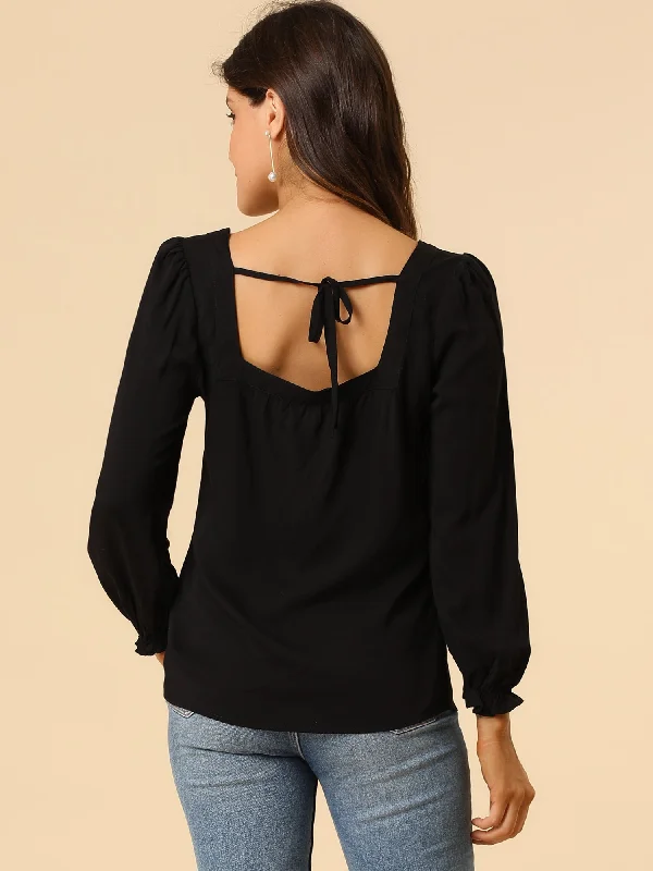 Button Down Puff Sleeve Elastic Cuff Square Neck Blouse