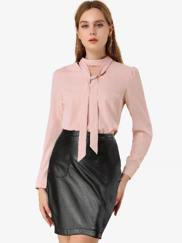 Bow Tie Neck Long Sleeve Choker Neck Chiffon Elegant Blouse