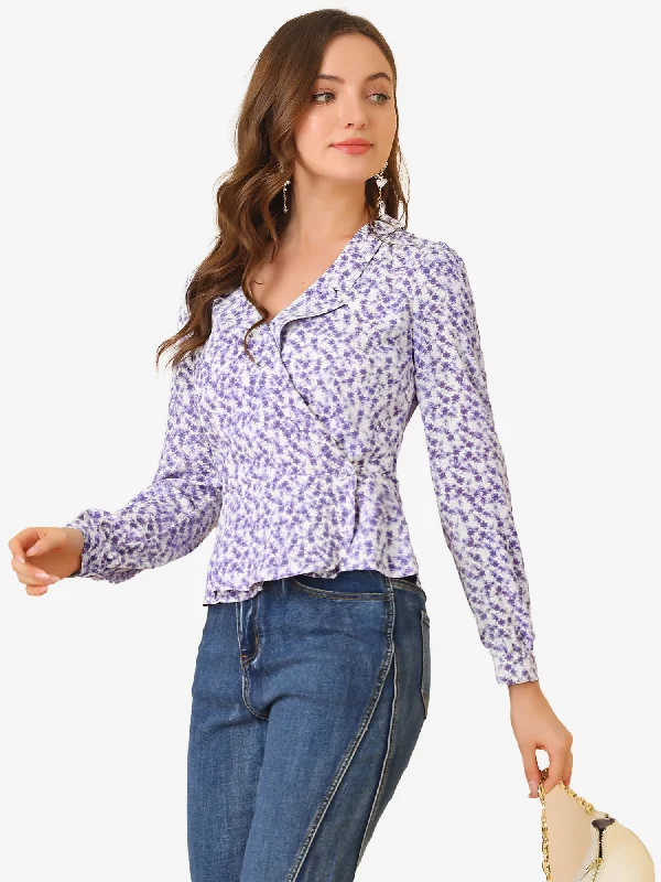 Ruffle Floral Long Sleeve Lapel Chiffon Wrap Peplum Blouse