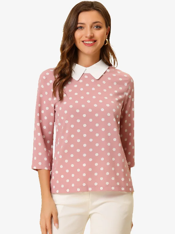 Polka Dots Contrast Peter Pan Collar Top 3/4 Sleeve Blouse Shirt