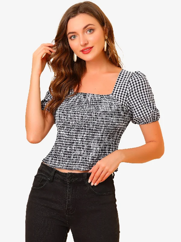 Smocked Top Plaid Check Square Neck Puff Sleeve Blouse