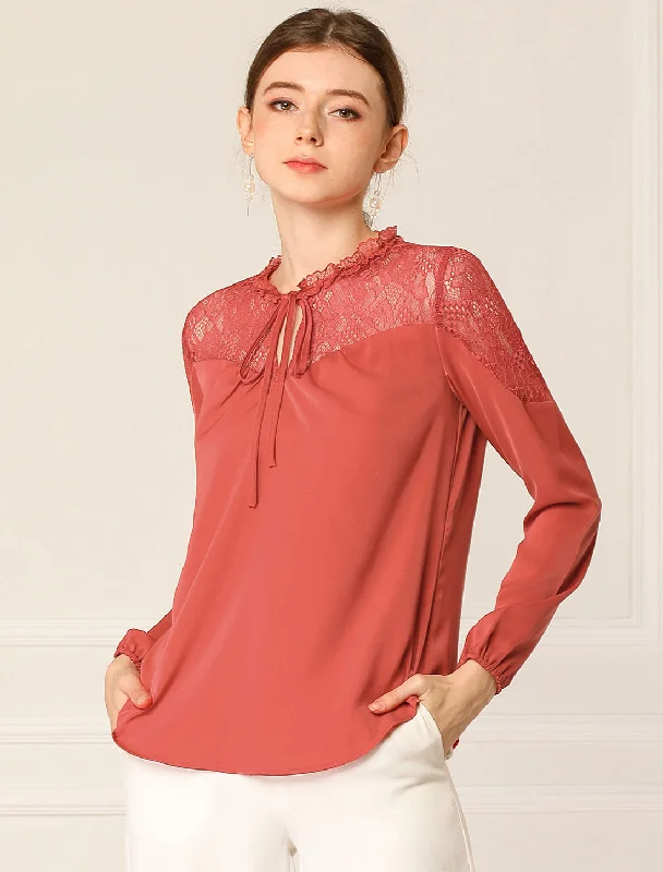 Lace Self Tie Neck Ruffle Lightweight Chiffon Long Sleeve Blouse