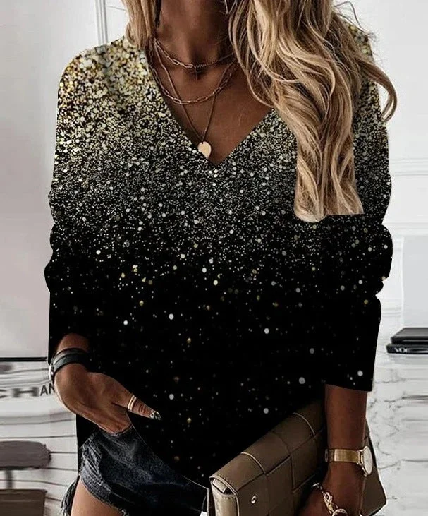 Amy Fashion - Loose V-neck Sequined Long Sleeve Pullover