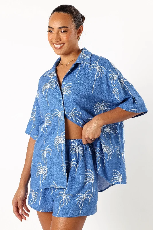 Amira Short Sleeve Shirt - Blue Palm Print