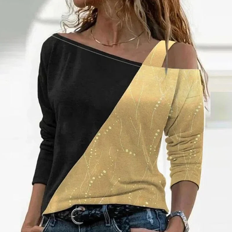 Amy Fashion - Retro Glitter Gold Contrast Casual Long Sleeve Straps Pullover