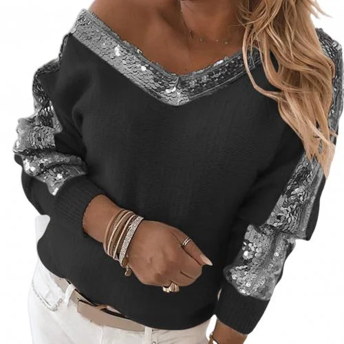 Amy Fashion - V Neck Long Sleeve Sequins One Shoulder Pullover