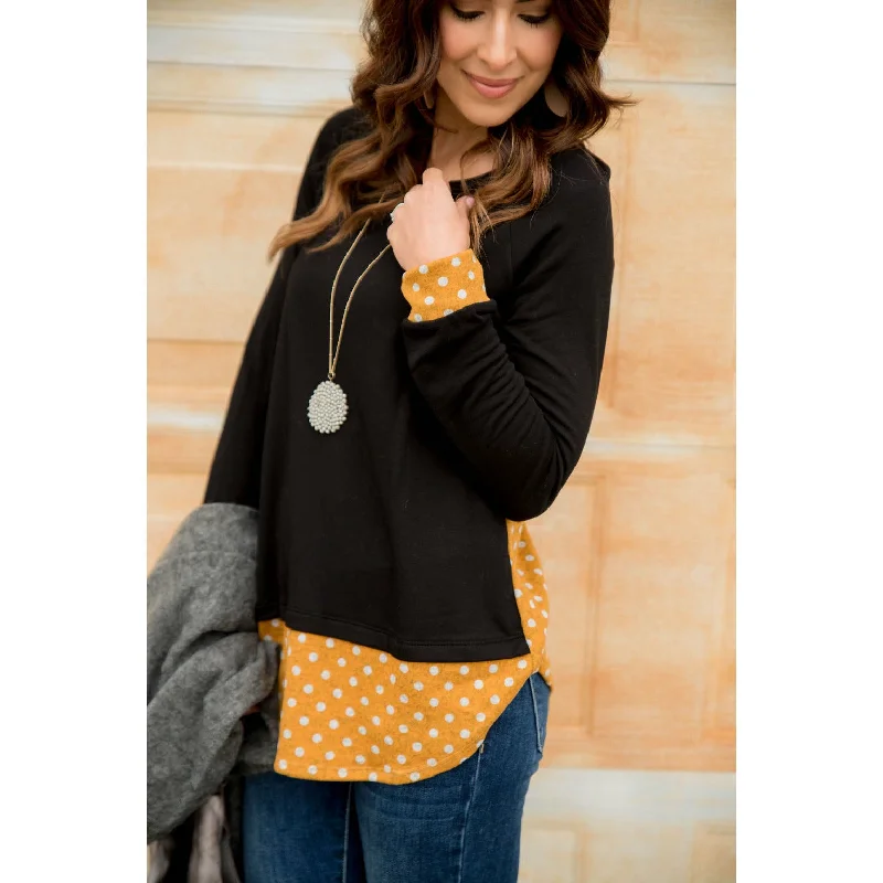 Black Polka Dot Accent Long Sleeve Tee