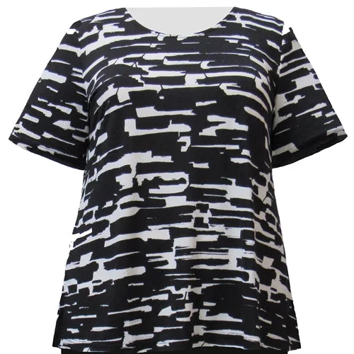 Black & White Abstract Geometric Short Sleeve Round Neck Pullover Top Women's Plus Size Top