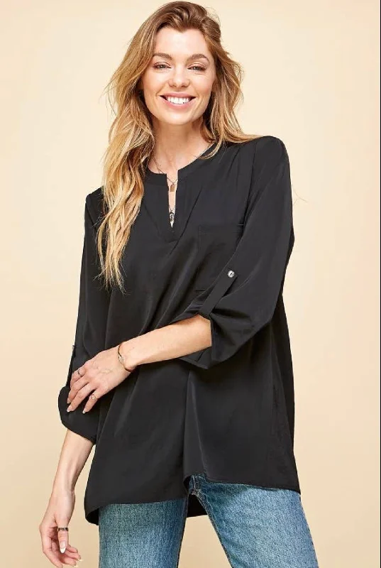 Blouse - Button closure detail 3/4 sleeve, Black, Also Plus Size