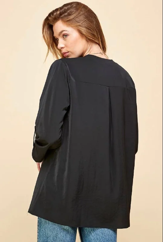 Blouse - Button closure detail 3/4 sleeve, Black, Also Plus Size