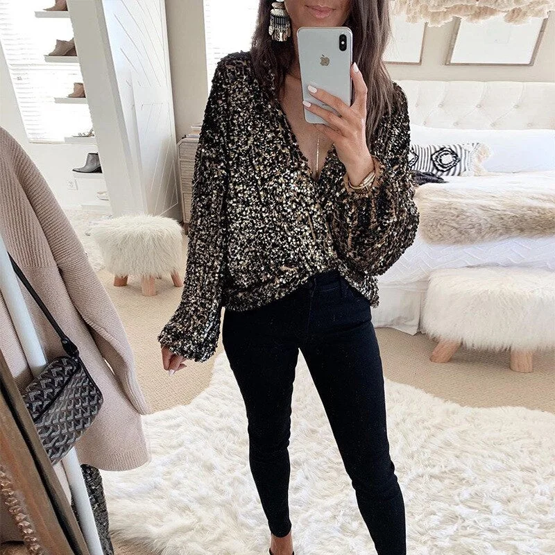 Amy Fashion - Sequins Glitter Clubwear Long Sleeve Deep V-neck Blouse