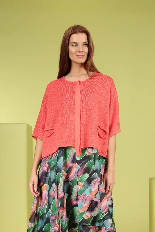 Button Band Boxy Coral Linen Cardigan