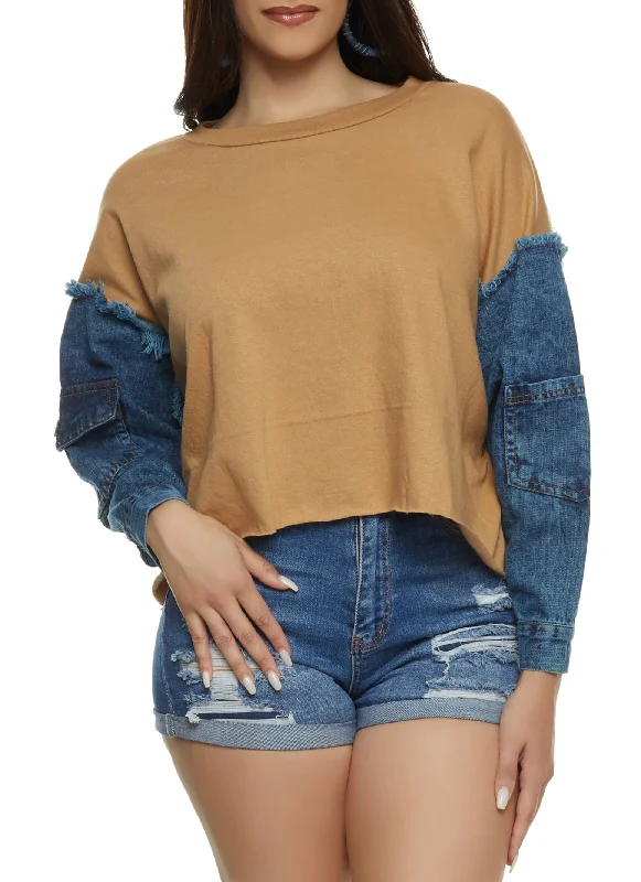 Acid Wash Pocket Denim Sleeve Sweatshirt