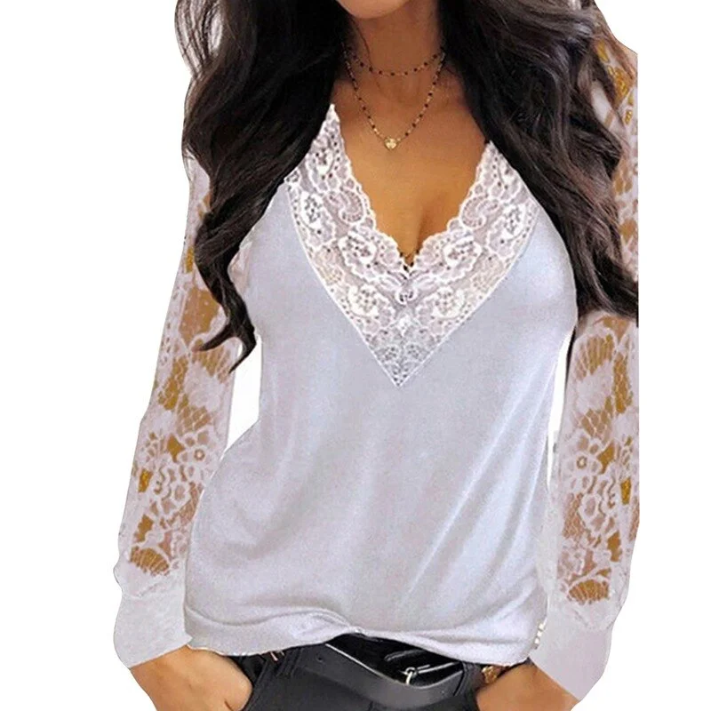 Amy Fashion - Casual V-neck Lace Long Sleeve Sexy Solid Color Shirt