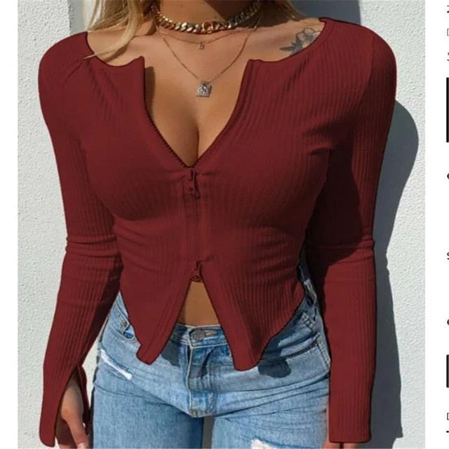 Amy Fashion - Clothes Ribbed Knitted Long Sleeve Crop Tops