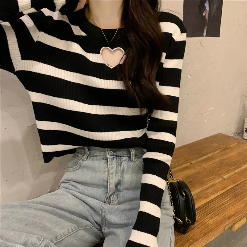 KittenAlarm - Cute Love Hole Shaped Striped Sweater