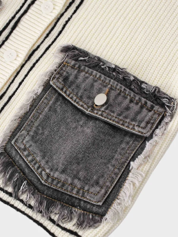 Denim Pocket Cardigan-Cream