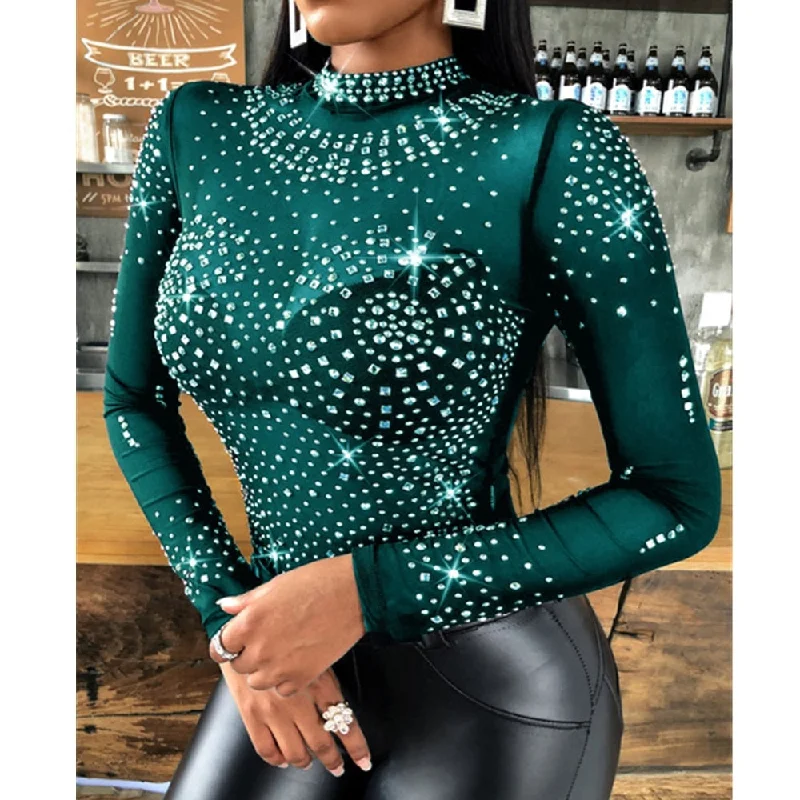 Amy Fashion - Long Sleeve Slim Fit Round Neck Diamonds Shine Blouse