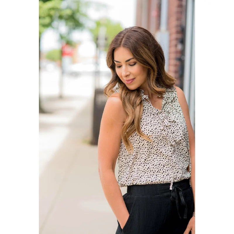 Dotted Front Ruffle Tie Tank