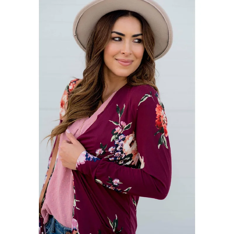 Floral Garden Burgundy Tunic Cardigan