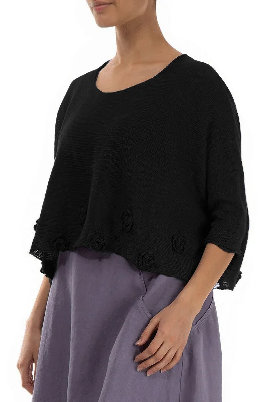 Flowers Decorated Black Linen Jumper