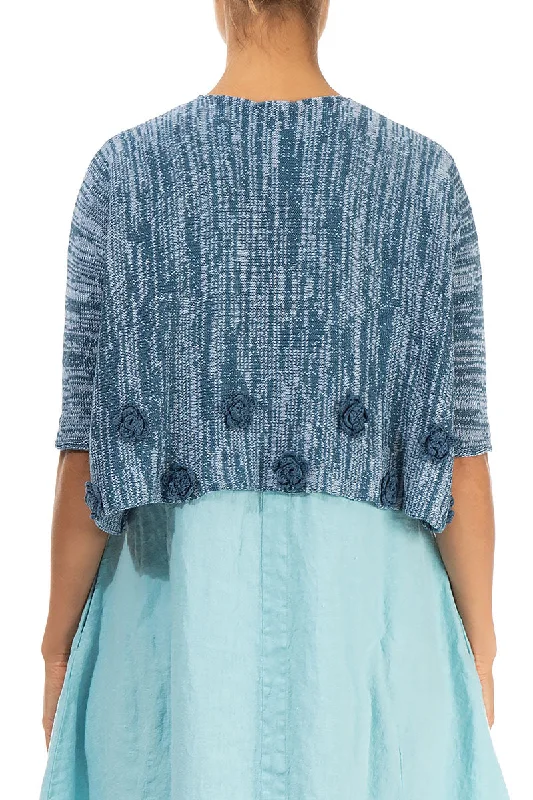 Flowers Decorated Mélange Blue Linen Jumper