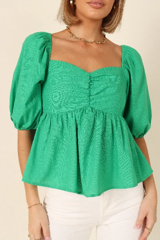 Joanna Puff Sleeve Peplum Top - Green