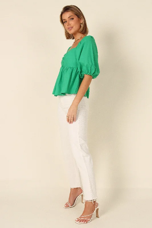 Joanna Puff Sleeve Peplum Top - Green