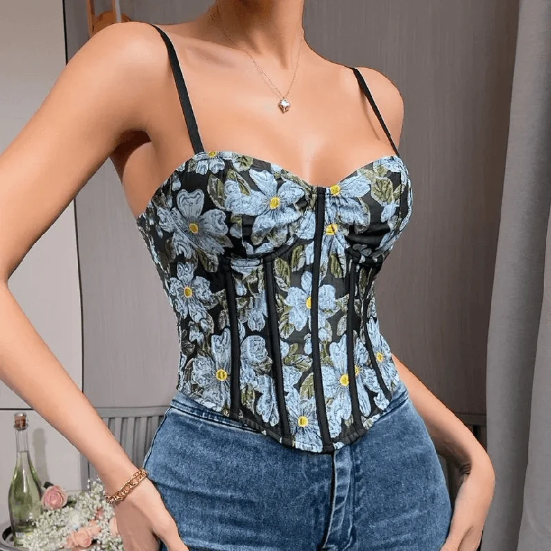 KittenAlarm - Jolene Spaghetti Strap Floral Crop Corset Top