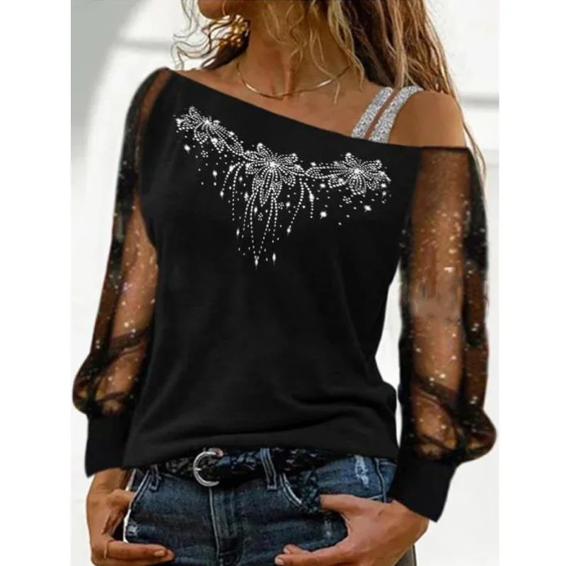 Amy Fashion - Long Sleeves Skew Collar Off Shoulder Patchwork Diamond Lace Blouse