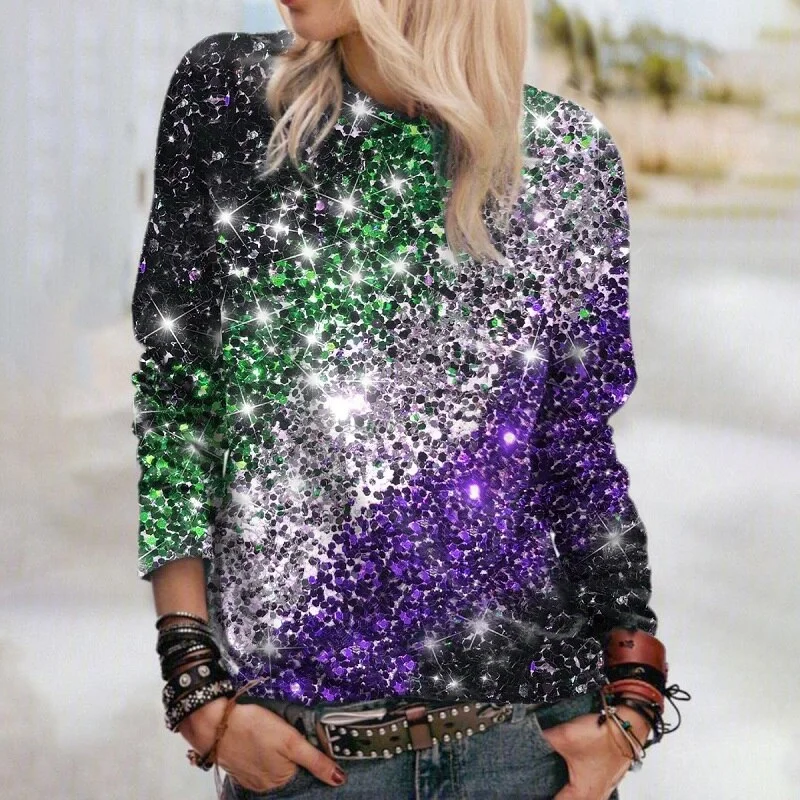 Amy Fashion - Y2k Sequins Gemstone Print Long Sleeves O-neck Pullover