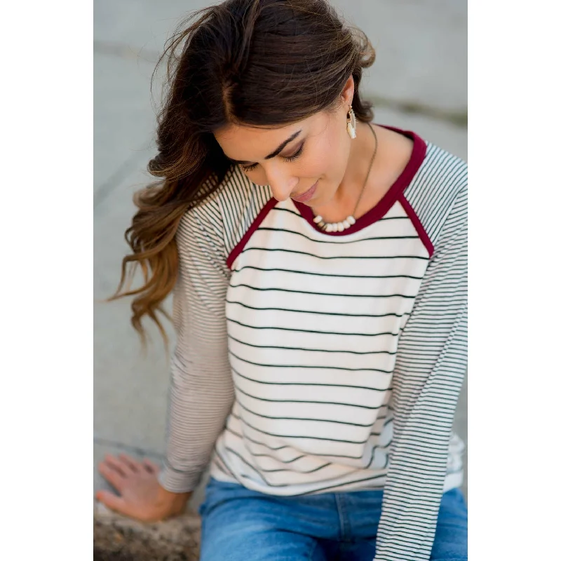 Multi Striped Solid Neck Long Sleeve Tee