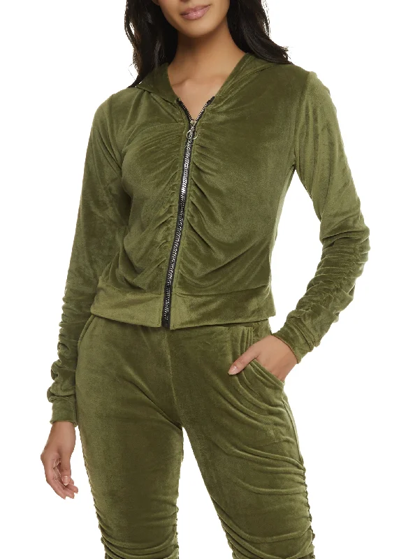 Solid Velour Ruched Zip Front Hoodie