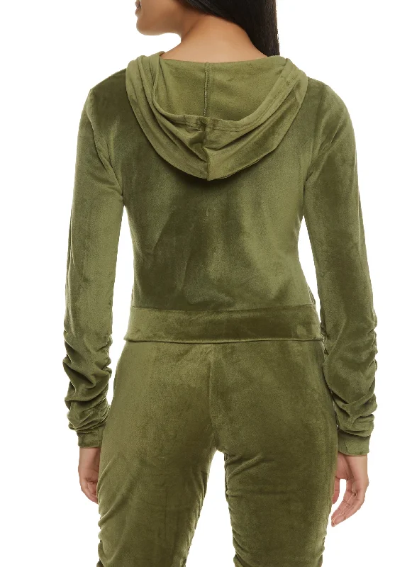 Solid Velour Ruched Zip Front Hoodie