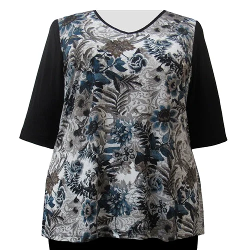 Platinum Floral 3/4 Sleeve V-Neck Pullover Top Women's Plus Size Top