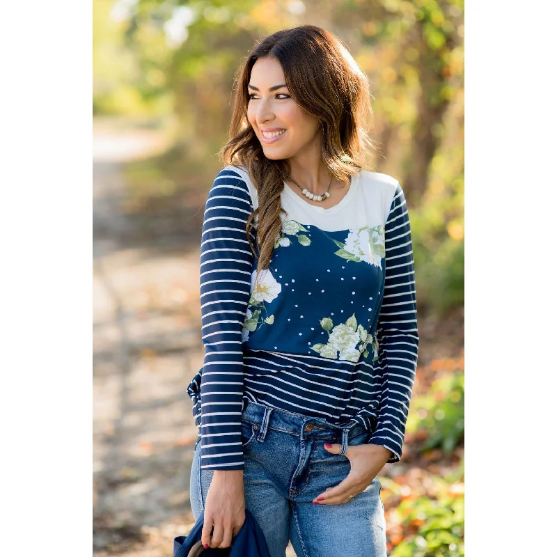 Polka Dot Floral Accent Striped Tee