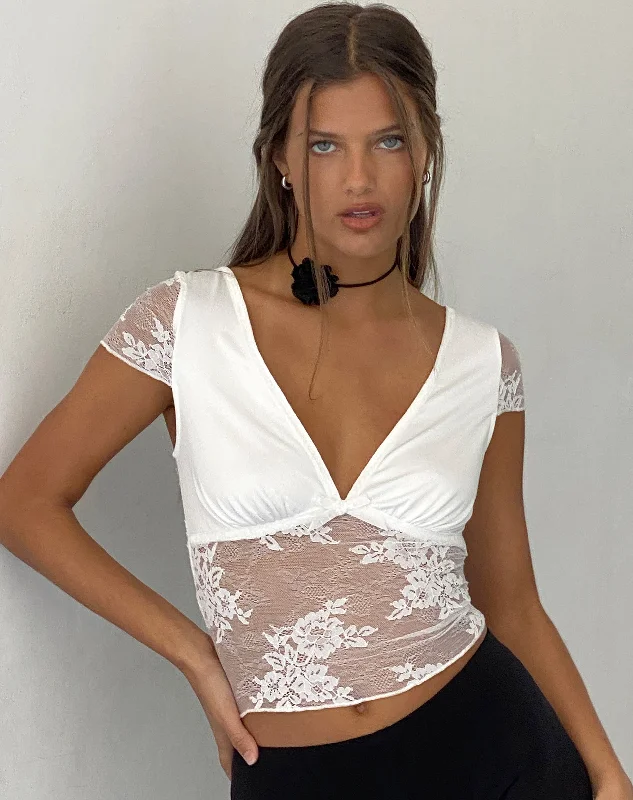 Prili Plunge Top in Lace Ivory