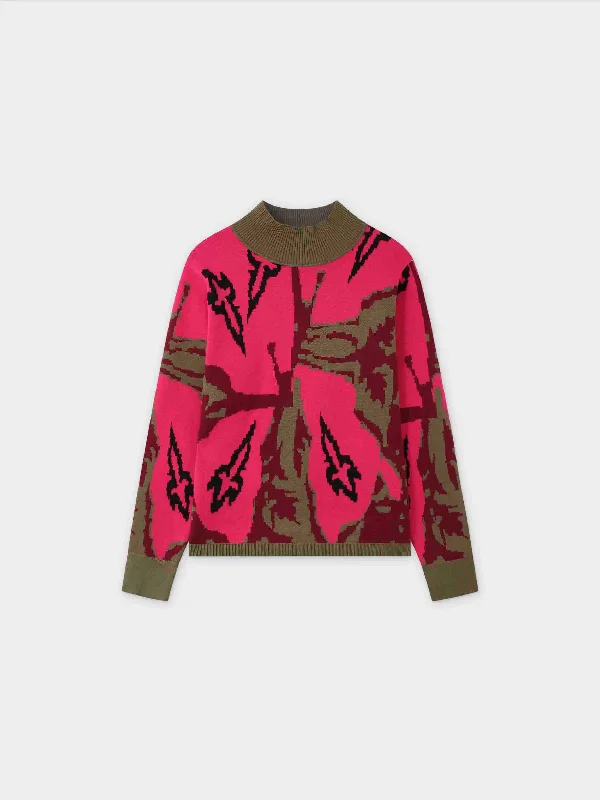 Printed Mock Neck Sweater-Pink/Maroon/Green