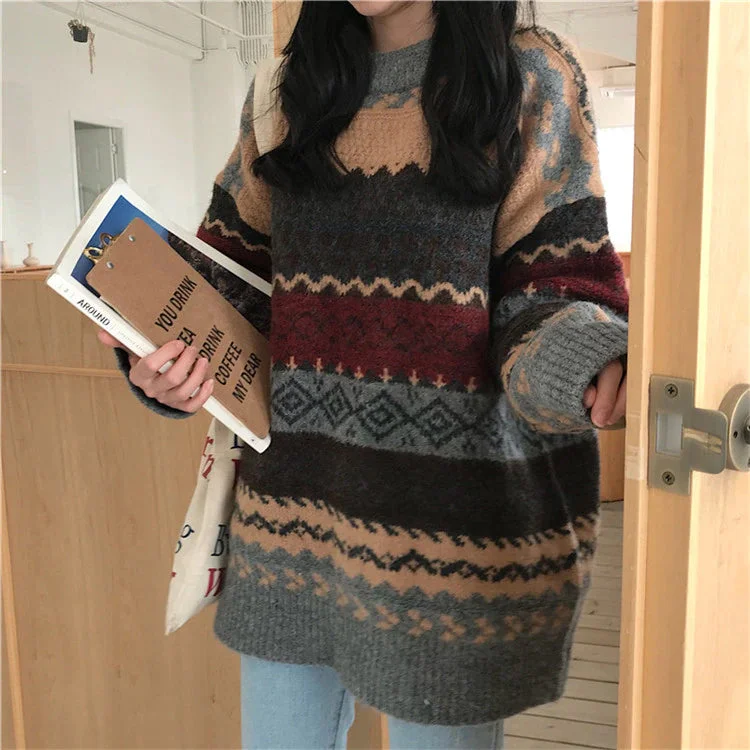 KittenAlarm - Retro Geometric Pattern Knitted Loose Sweater