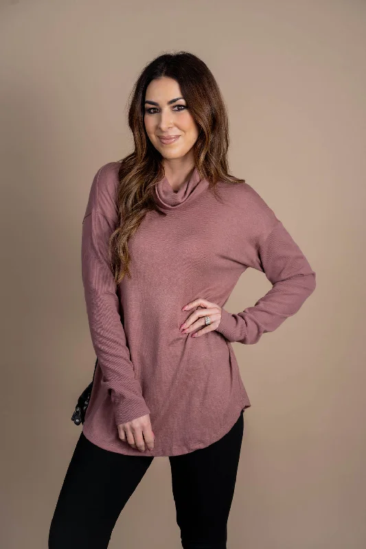 Rib Accented Cowl Neck Tunic Tee