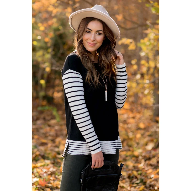 Ribbed Striped Sleeve Faux Layered Tee